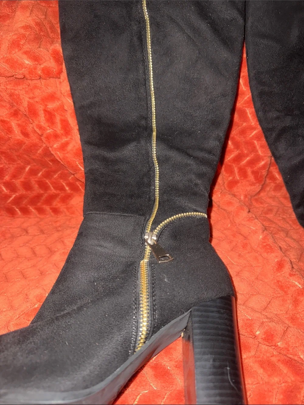 Forever Black Suede Over-The-Knee Boots | Gold Zipper Accent & Block Heel (Size